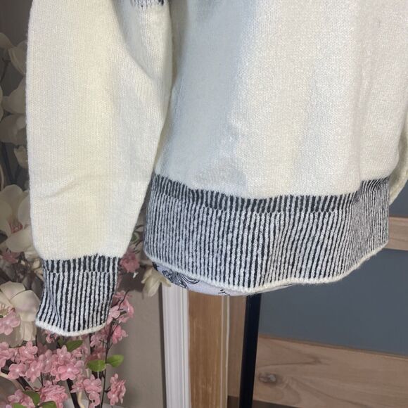 89th & Madison Womens S Mock Neck Geometric Ivory Beige Black Knit Sweater - Picture 3 of 7